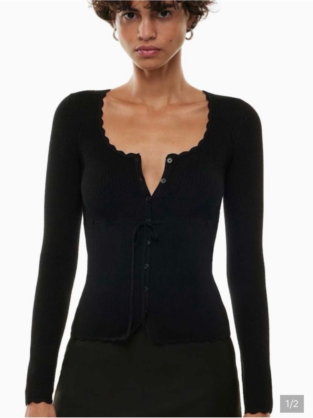 Wilfred/ Aritzia Black Ribbed Button-Front Tie Precious Cardigan
